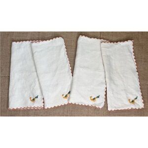 Vintage Bird Embroidered Linen Cloth Fabric Napkins Scalloped Edge Cottagecore